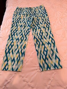 Ann Taylor Petite Blue, Teal & Yellow Abstract Print Pants